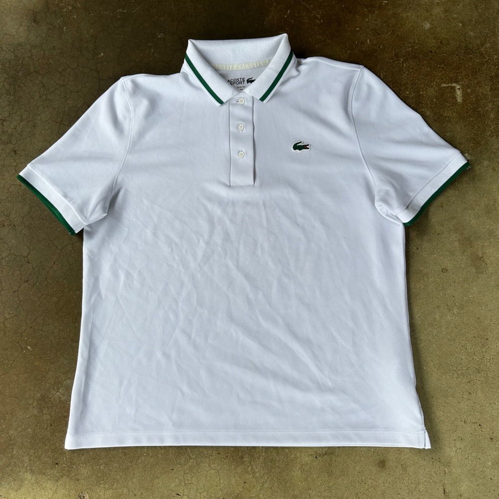 Lacoste Sport Polo Shirt Mens 44 White Golfing Ultra Dry Slim Fit Green Trim